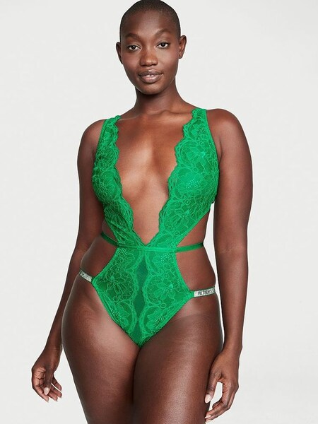 Verdant Green Shine Strap Lace Crotchless Bodysuit (R74888) | €45