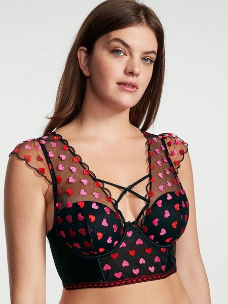 Black Multi Heart Embroidered Lightly Lined Corset Bra Top (R74950) | €27