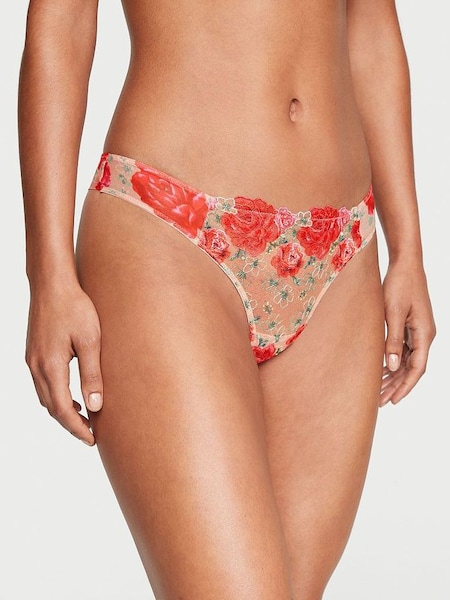 Tomato Red Embroidered Illuminating Blooms Thong Knickers (R83676) | €33