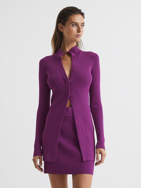 Ribbed Button Up Co Ord Cardigan in Magenta (T11395) | $108