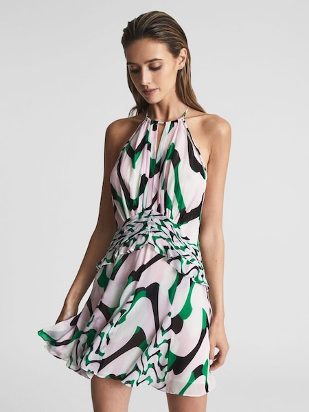 Printed Halter Mini Dress in Green/Pink (T28949) | CA$117