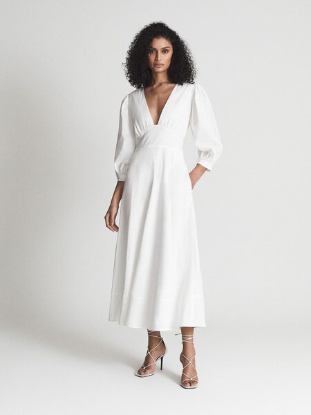 Puff Sleeve Plunge Midi Dress in White (T44835) | HK$1,353
