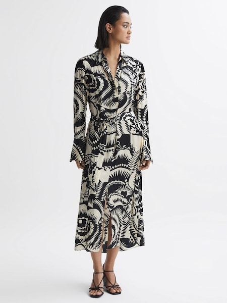 Zwarte/witte midi-jurk met print en lange mouwen (T55109) | € 139