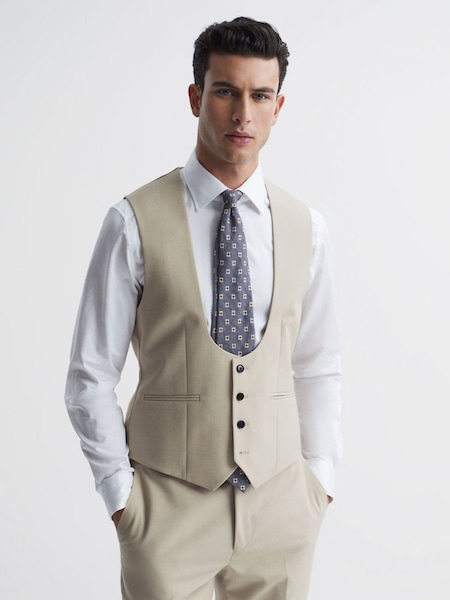 Horse Shoe Slim Fit Six Button Wool Waistcoat in Stone (T55239) | SAR 455
