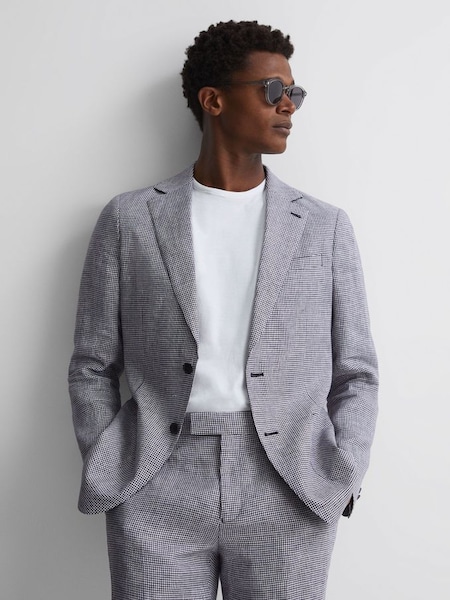 Linen Single Breasted Dogtooth Blazer in Navy (T55244) | €171
