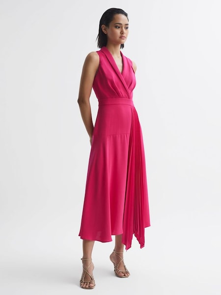 Pleated Fitted Midi Dress in Pink (T60403) | $177