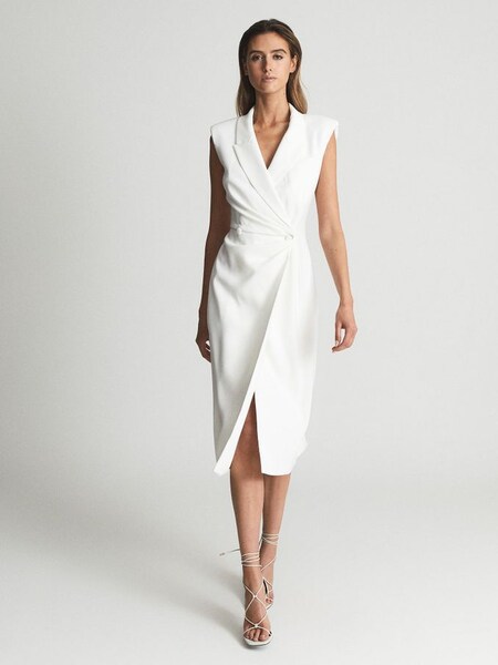 Tuxedo Bodycon Midi Dress in White (T74460) | $460