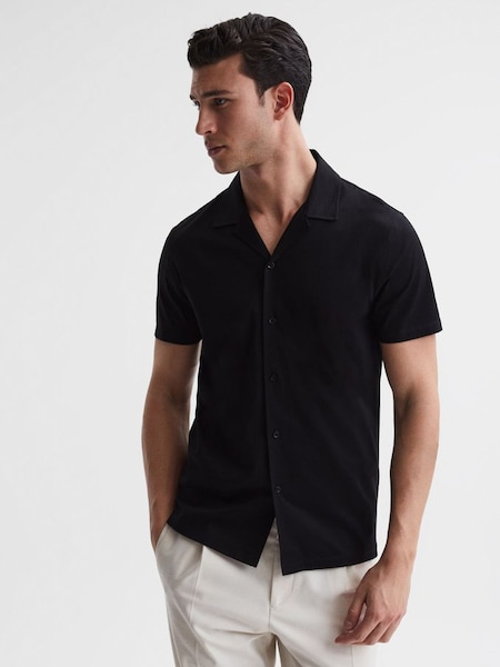 Mercerised Jersey Cuban Collar Shirt in Black (T74483) | $110