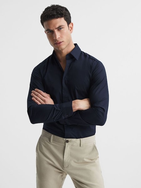 Slim Fit Cotton Blend Shirt in Navy (T76231) | CHF 130