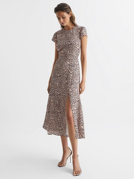 Printed Cut Out Back Midi Dress in Brown (T78699) | HK$979