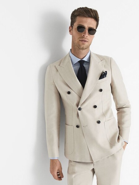 双排扣人字斜纹土灰色西装外套 (T84666) | HK$1,653