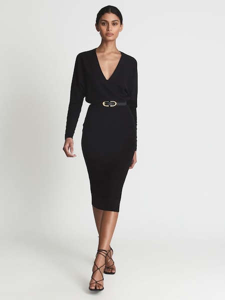 Wool Blend Ruched Sleeve Midi Dress in Black (U00934) | HK$2,980