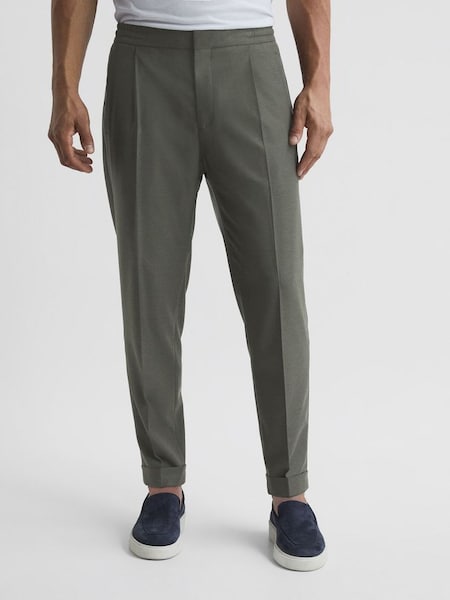 Relaxed Drawstring Trousers with Turn-Ups in Khaki (U00943) | $104