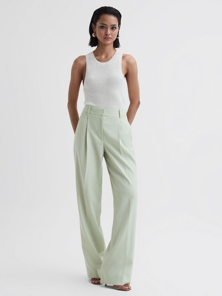 Wide Leg Wool Blend Trousers in Green (U06731) | $197