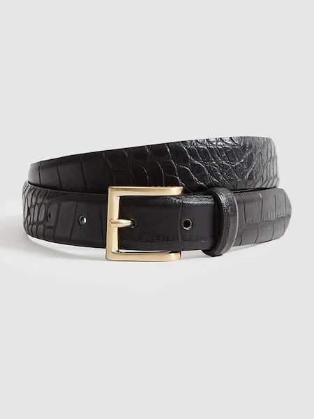Leather Croc Embossed Belt in Black (U09889) | CHF 57
