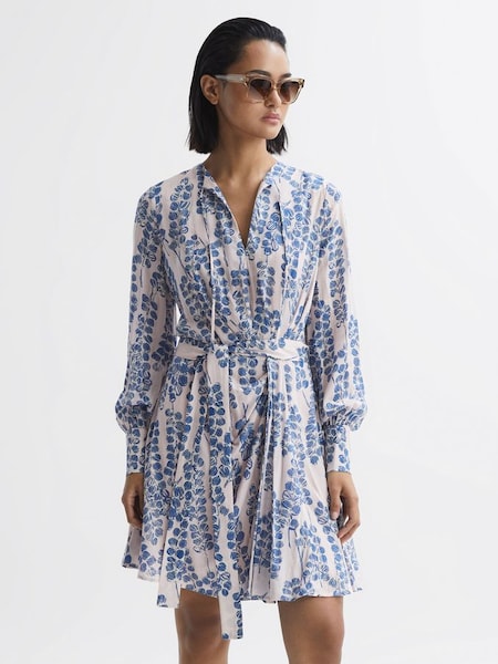 粉色/藍色印花附腰帶長袖短款連身裙 (U12396) | HK$1,173