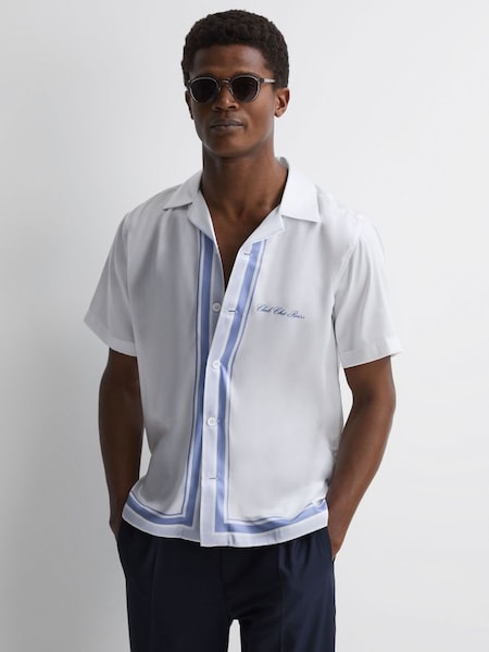 Reiss | Ché Motif Cuban Collar Button-Through Shirt in White/Blue (U13924) | $132