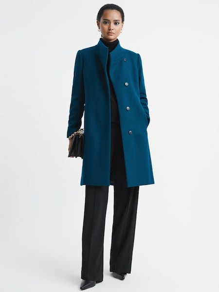 Wool Blend Mid-Length Coat in Teal (U17208) | $324