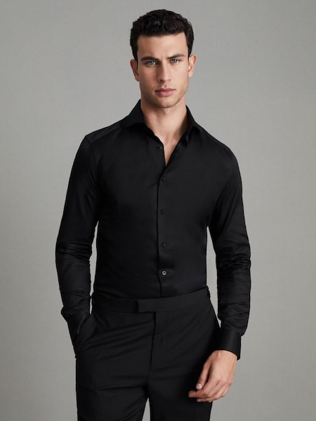 Slim Fit Two-Fold Cotton Shirt in Black (U22470) | HK$1,330