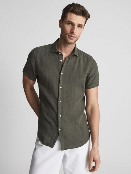 Linen Slim Fit Shirt in Olive (U24335) | CHF 112