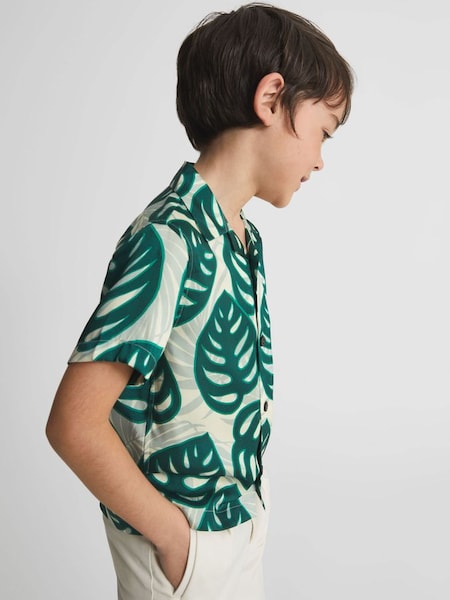 Cuban Collar Monster Leaf Print Shirt in Green (U24343) | $24