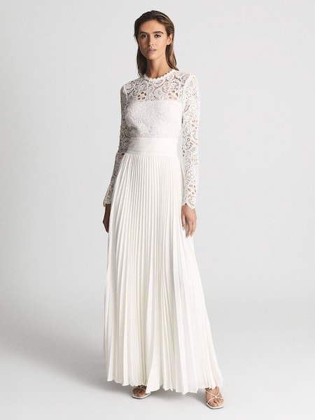 Lace Top Pleated Dress in White (U27622) | €279