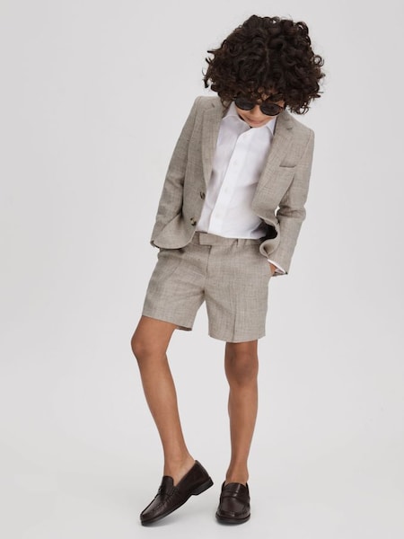 Junior Single Breasted Textured Linen Blazer in Oatmeal (U49329) | $175