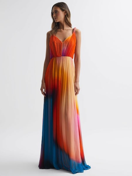 Halston Pleated Maxi Gown in Sunset Abstract (U54594) | $1,920