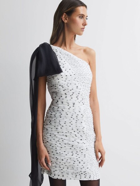 Halston - Krijtkleurige gerimpelde mini-jurk met stippen (U54597) | € 326
