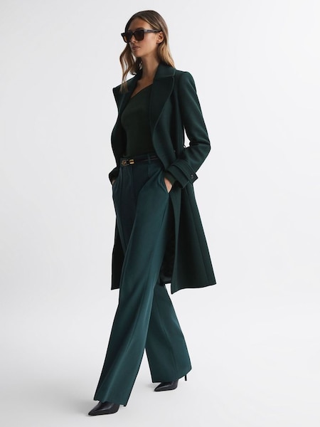 Relaxed Wool Blend Belted Coat in Green (U60466) | $424