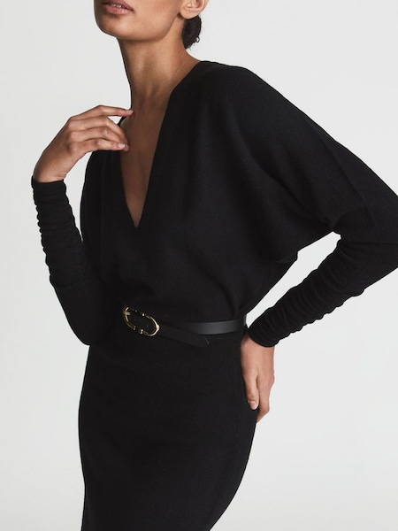 Petite Wool Blend Ruched Sleeve Midi Dress in Black (U65656) | $330