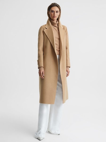 Langer Mantel aus Wolle mit Gürtel und Blindnaht, Camel (U70744) | 320 €