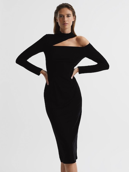 Velvet Cut-Out Shoulder Dress in Black (U70756) | $94