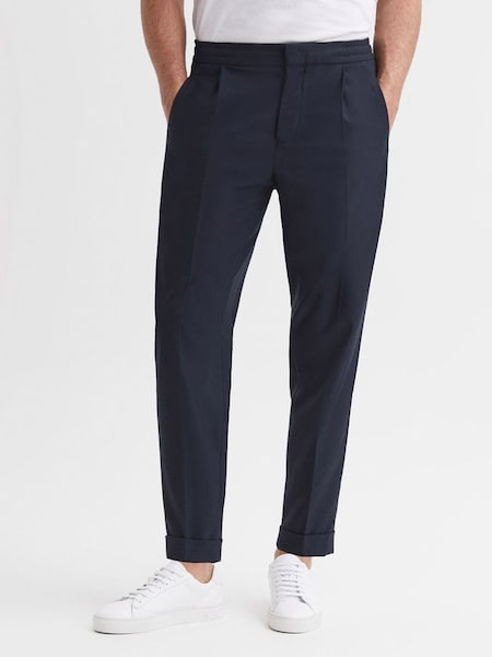 Relaxed Drawstring Trousers with Turn-Ups in Navy (U74734) | $225