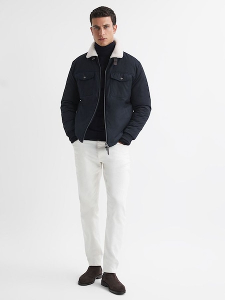 Quilted Faux Shearling Collar Coat in Navy (U75029) | $462