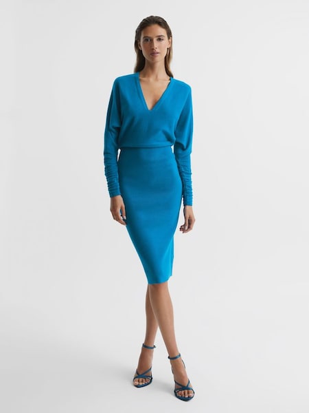 Wool Blend Ruched Sleeve Midi Dress in Blue (U77097) | $149