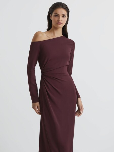 Off-Shoulder Drape Midi Dress in Burgundy (U79582) | $148