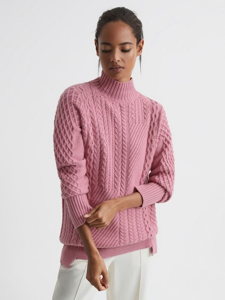 Cable Knit High Neck Jumper in Pink (U93527) | €96