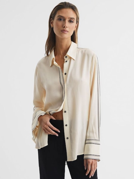Fitted Side Striped Dip Hem Blouse in Ivory (U97030) | $169