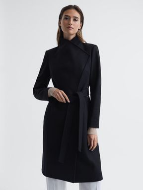Reiss Belle Cashmere Wool Blend Wrap Collar Belted Coat