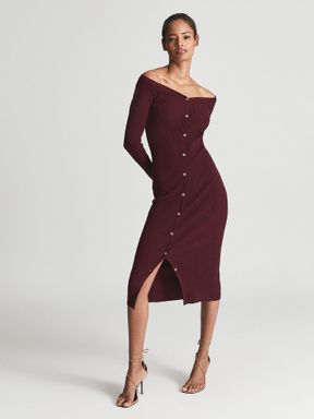 Reiss Camille Knitted Button Through Midi Dress
