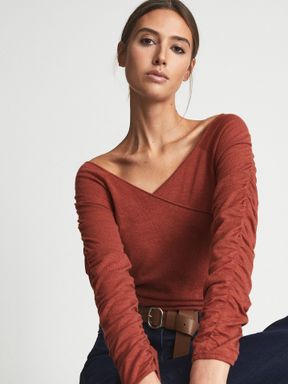 Reiss Verity Ruched V-Neck Cashmere Blend Top