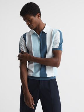 Reiss Herald Strukturiertes, gestreiftes Polo-Shirt mit kurzem Reißverschluss
