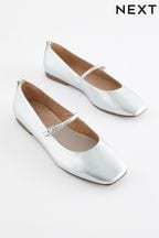 Silver Signature Leather Mary Jane Flat Shoes