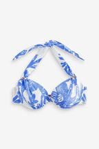 Blue/White Floral Padded Shaping Wired Halter Bikini Top