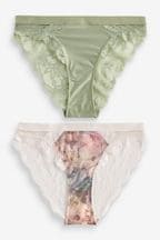Pink Watercolour Floral Print/Sage Green High Leg Lace Trim Knickers 2 Pack