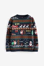 Navy Blue Gaming Santa Boys Knitted Christmas Cotton Jumper (3-16yrs)