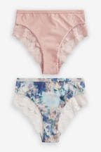 Blue Floral Print/Blush Pink High Rise Lace Trim Knickers 2 Pack