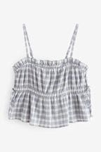 Blue Checked Cheesecloth Ruched Top