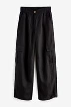 Black Linen Blend Cargo Trousers